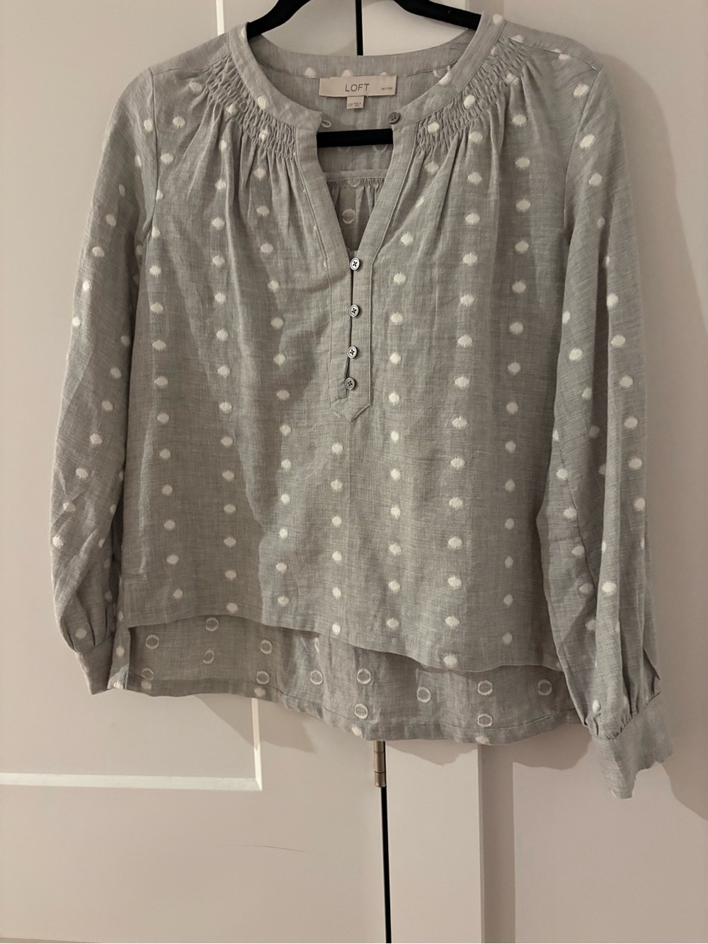LOFT Light Gray Polka Dot Button-Front Peasant Blouse